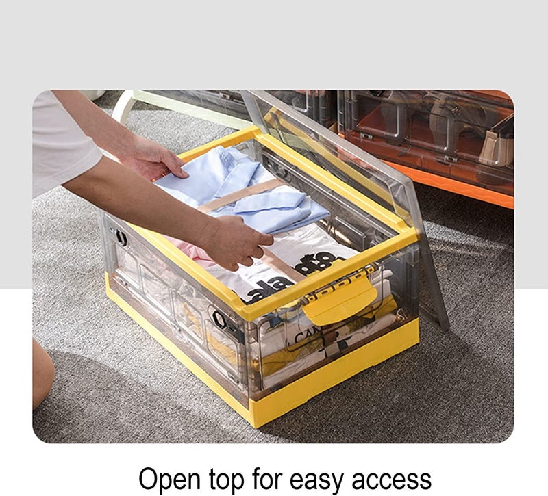 Home-Cloud HomeCloud Folding Storage Box with Lid, Large Clear Collapsible Stackable Storage Box with Wheels, Foldable Plastic Storage Bins for Organizer (L47cm x W35cm x H24cm) (Medium, Yellow) - Image 2