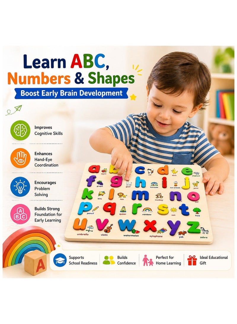 Lukadah Wooden Shape Sorting Puzzle Board for Toddlers in Mixed Designs | Montessori Learning Toy | Alphabet, Numbers, Shape, Matching Game | Color & Shape Recognition Learning Game | Early Brain Development Preschool Toy, Educational Toys for Kids Age 2, 3, 4 Years - Image 3