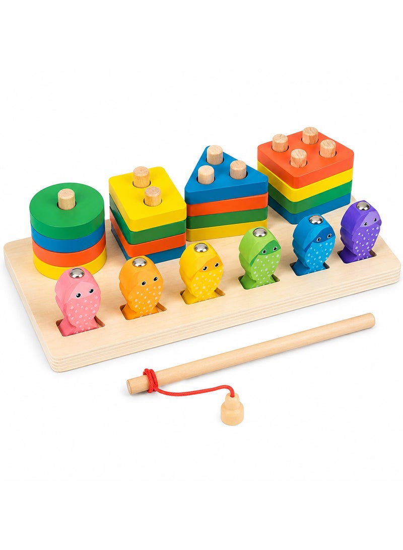 Montessori Wooden Fishing Toy for Toddlers 3+ Years, 2-in-1 Magnetic Fishing Game & Shape Sorting Stacking Puzzle, Educational Learning Toy, Fine Motor Skills, Preschool STEM Gift for Boys & Girls - Image 1