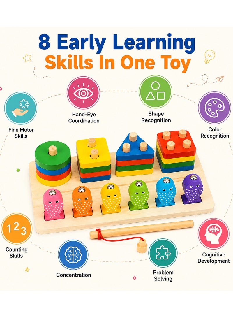 Montessori Wooden Fishing Toy for Toddlers 3+ Years, 2-in-1 Magnetic Fishing Game & Shape Sorting Stacking Puzzle, Educational Learning Toy, Fine Motor Skills, Preschool STEM Gift for Boys & Girls - Image 2