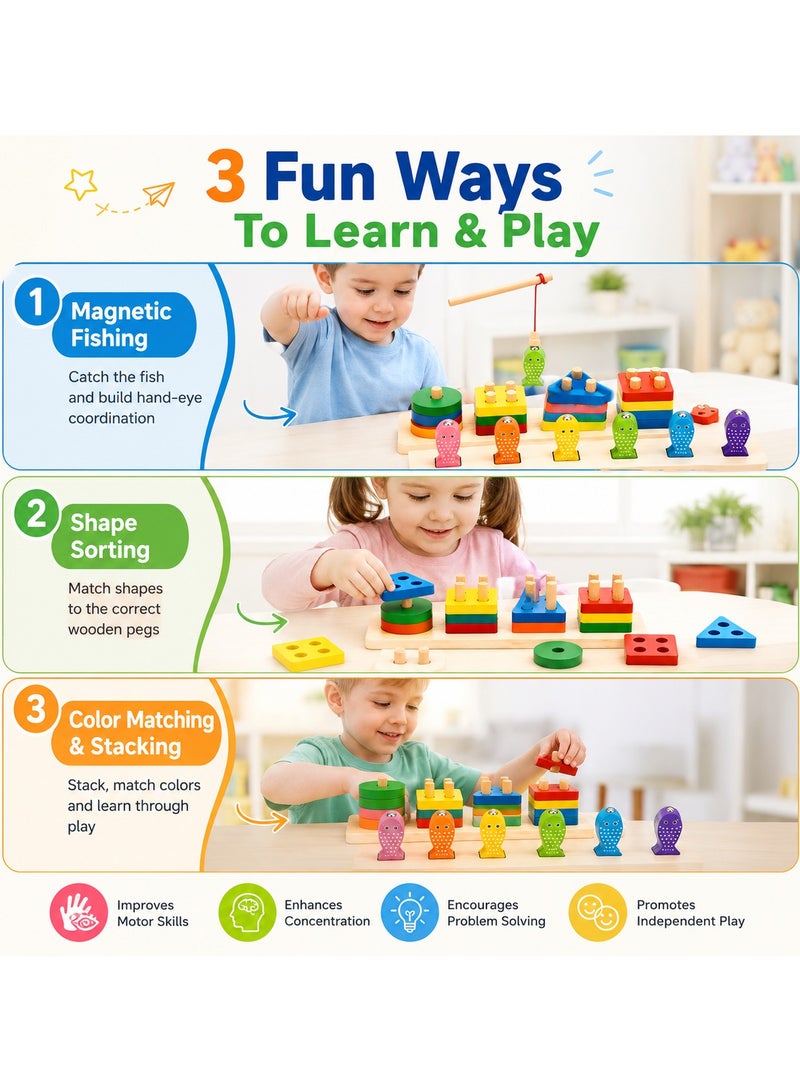 Montessori Wooden Fishing Toy for Toddlers 3+ Years, 2-in-1 Magnetic Fishing Game & Shape Sorting Stacking Puzzle, Educational Learning Toy, Fine Motor Skills, Preschool STEM Gift for Boys & Girls - Image 3