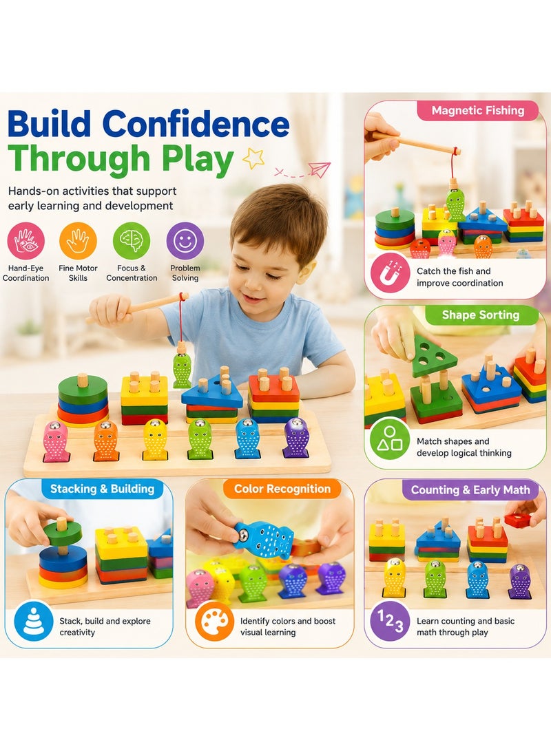 Montessori Wooden Fishing Toy for Toddlers 3+ Years, 2-in-1 Magnetic Fishing Game & Shape Sorting Stacking Puzzle, Educational Learning Toy, Fine Motor Skills, Preschool STEM Gift for Boys & Girls - Image 4