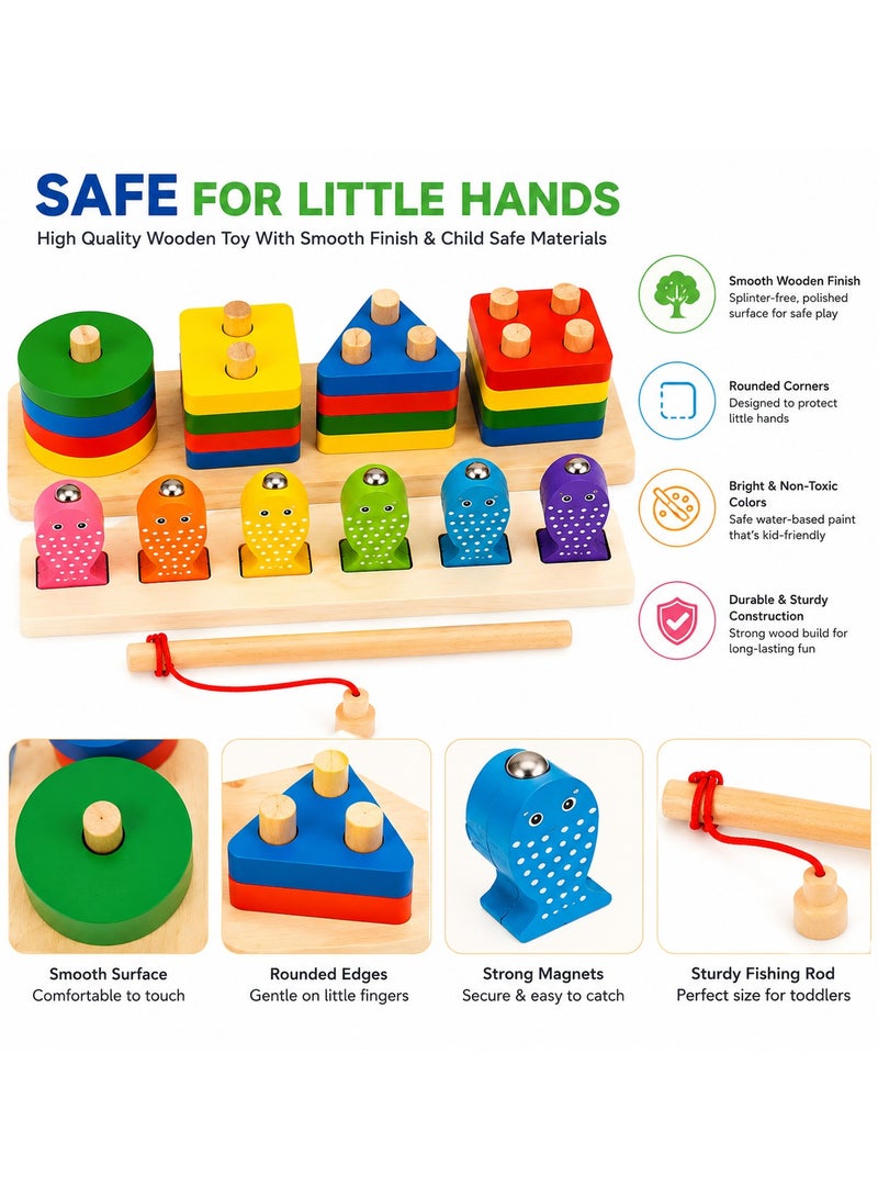 Montessori Wooden Fishing Toy for Toddlers 3+ Years, 2-in-1 Magnetic Fishing Game & Shape Sorting Stacking Puzzle, Educational Learning Toy, Fine Motor Skills, Preschool STEM Gift for Boys & Girls - Image 5