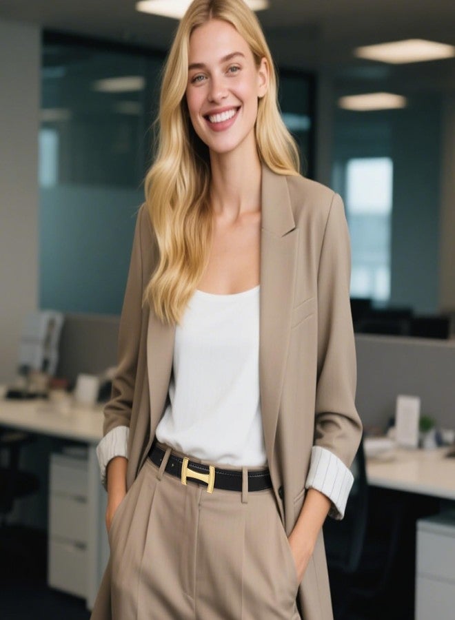 اكستري أحزمة إكستري بإبزيم ذهبي للنساء، حزام خصر أنيق، حزام نسائي فاخر، هدية مثالية للنساء، مناسب للفساتين والجينز، تصميم بإبزيم ذهبي من الجلد الأسود، مقاس 28-31 (مقاس البنطلون 6-10) - Image 3