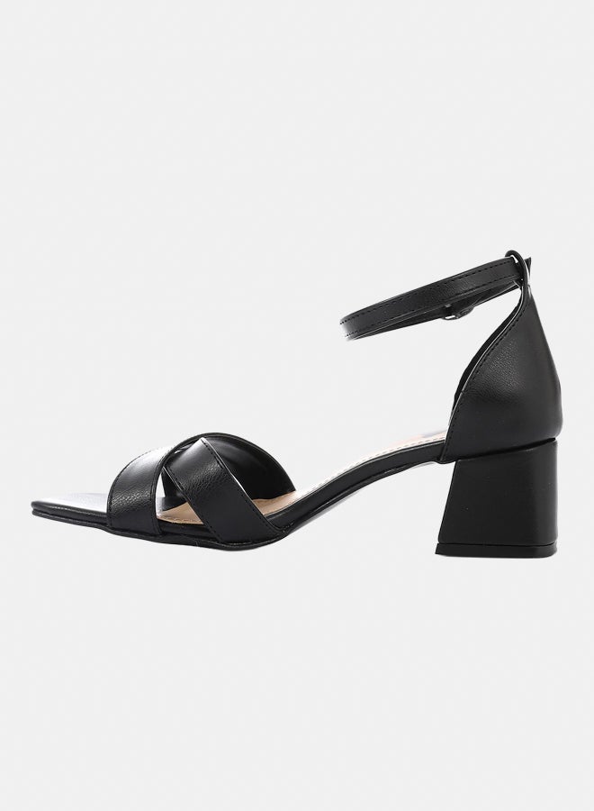 XO Style French Lacquer Leather Peep Toe High Heel Sandals, Black Chunky Heels For Summer, Women - Image 4