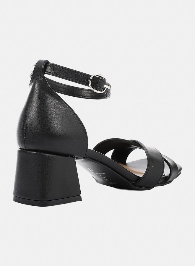 XO Style French Lacquer Leather Peep Toe High Heel Sandals, Black Chunky Heels For Summer, Women - Image 3