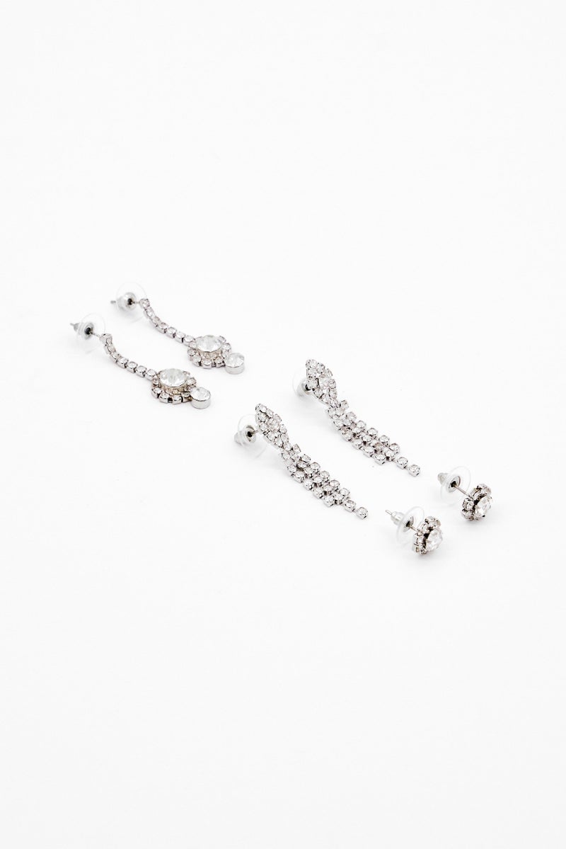 Badgley Mischka مجموعة أقراط كريستال عصرية للنساء، 3 أزواج، حلقات وأقراط دائرية، فضي - Image 1