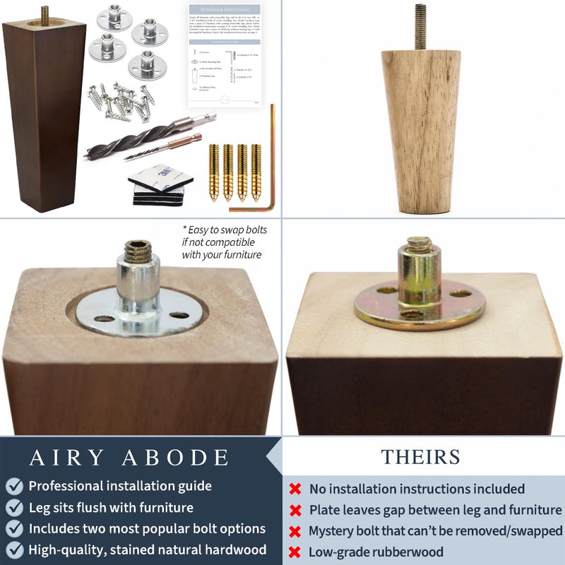 Airy Abode Premium Walnut Square Furniture Legs (Full Install Kit) - Pick Your Size and Color - Image 3