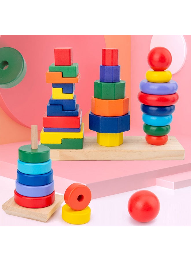 junxuan Children's Early Education Shape Cognition Matching Building Blocks Three-column Rainbow Tower Set Column Jengle Baby Enlightenment Educational Toys - Image 2