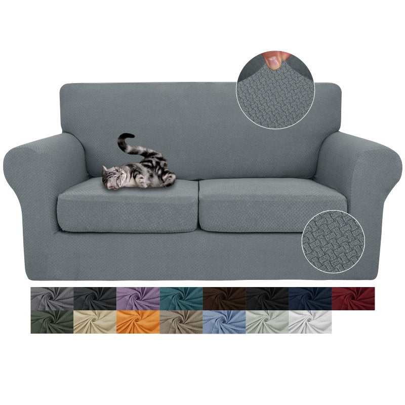 JIVINER أغطية أريكة قابلة للتمدد من JIVINER 3 قطع لأريكة ذات وسادتين، غطاء أريكة سميك مع 2 غطاء وسادة لأريكة محبة للكلاب متوسطة اللون الرمادي الفاتح