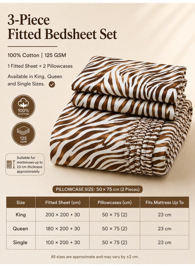 Eworld 3-Piece Fitted Bedsheet Set, Zebra Print, 100% Cotton, 125 GSM, 1 Fitted Sheet + 2 Pillowcases, Soft & Breathable Bedding Set - Image 3