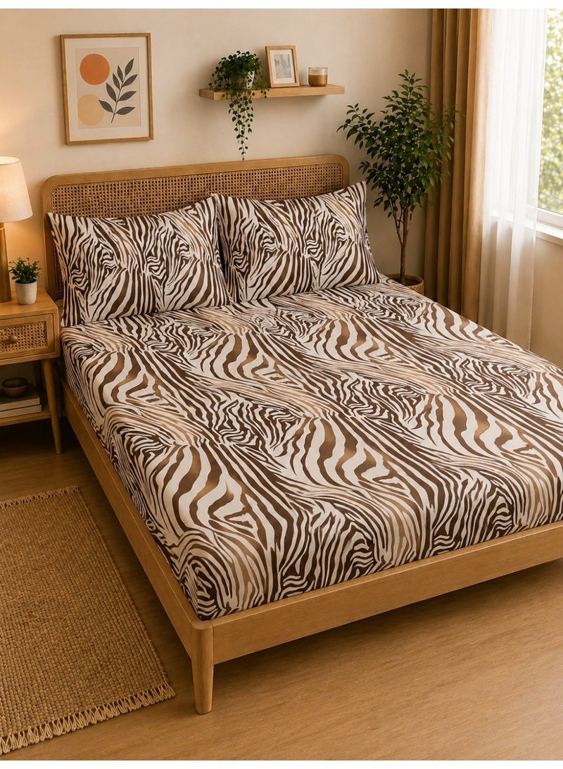Eworld 3-Piece Fitted Bedsheet Set, Zebra Print, 100% Cotton, 125 GSM, 1 Fitted Sheet + 2 Pillowcases, Soft & Breathable Bedding Set - Image 1