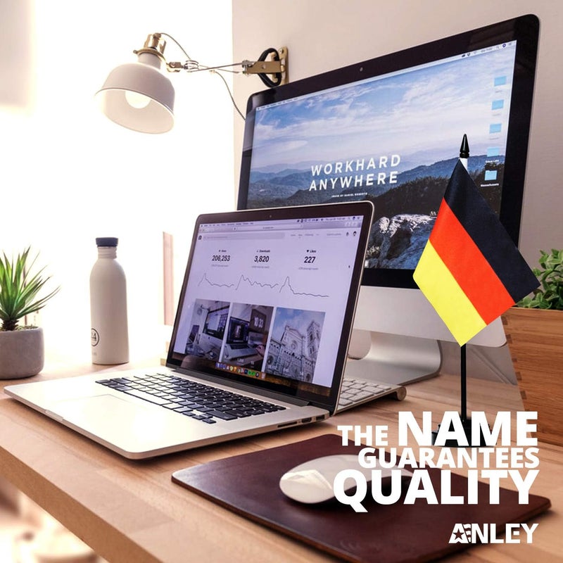 Anley Germany Deluxe Desk Flag Set - 6 x 4 Inch Miniature German Desktop Flag with 12" Solid Pole - Vivid Color and Fade Resistant - Black Base and Spear Top - Image 1