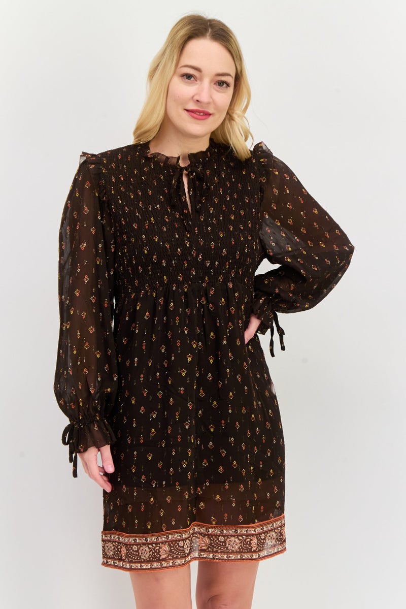 Pepe Jeans فستان ميني بطبعة شاملة للنساء، مزيج بني - Image 1