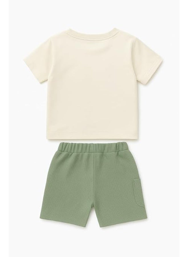 Smarties AE Dinosaur Print T-Shirt and Shorts Set for Toddler Boys | 2-3 Years 100% Soft Cotton Cream Top & Green Ribbed Bottoms | Casual ROAR Design Outfit - Image 4