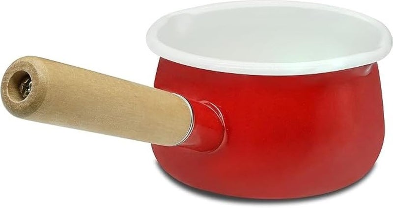 YumCute Home YumCute Home Enamel Milk Pan with Dual Pour Spout Butter Warmer Milk Pot for Stove Top Healthy White Enameled Inside Coating Iron 1QT Small Soup Pot with Wooden Handle Red 