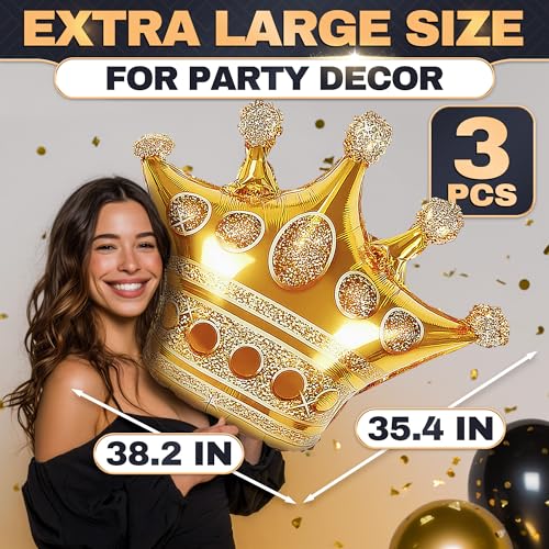 LAGARTO 3 Pcs Gold Crown Balloons – Foil Princess Balloons Set (38.2" X 35.4") Big Reusable Crown Balloon – Princess Birthday Party Decor for Photo Zones, Wedding, Engagement, Graduation & Holiday Events - Image 2