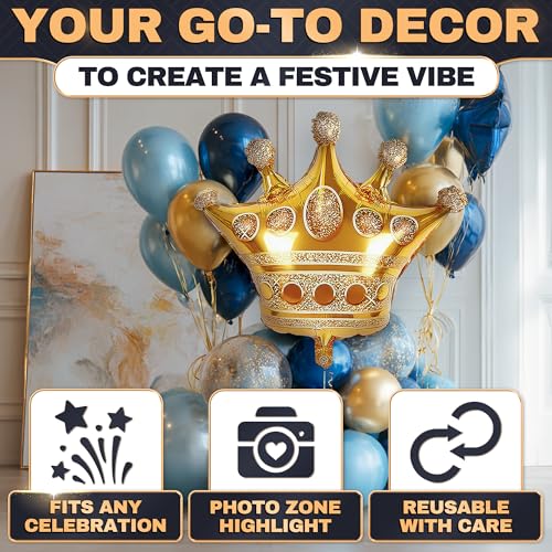 LAGARTO 3 Pcs Gold Crown Balloons – Foil Princess Balloons Set (38.2" X 35.4") Big Reusable Crown Balloon – Princess Birthday Party Decor for Photo Zones, Wedding, Engagement, Graduation & Holiday Events - Image 4