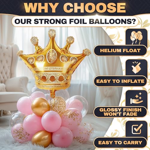LAGARTO 3 Pcs Gold Crown Balloons – Foil Princess Balloons Set (38.2" X 35.4") Big Reusable Crown Balloon – Princess Birthday Party Decor for Photo Zones, Wedding, Engagement, Graduation & Holiday Events - Image 3