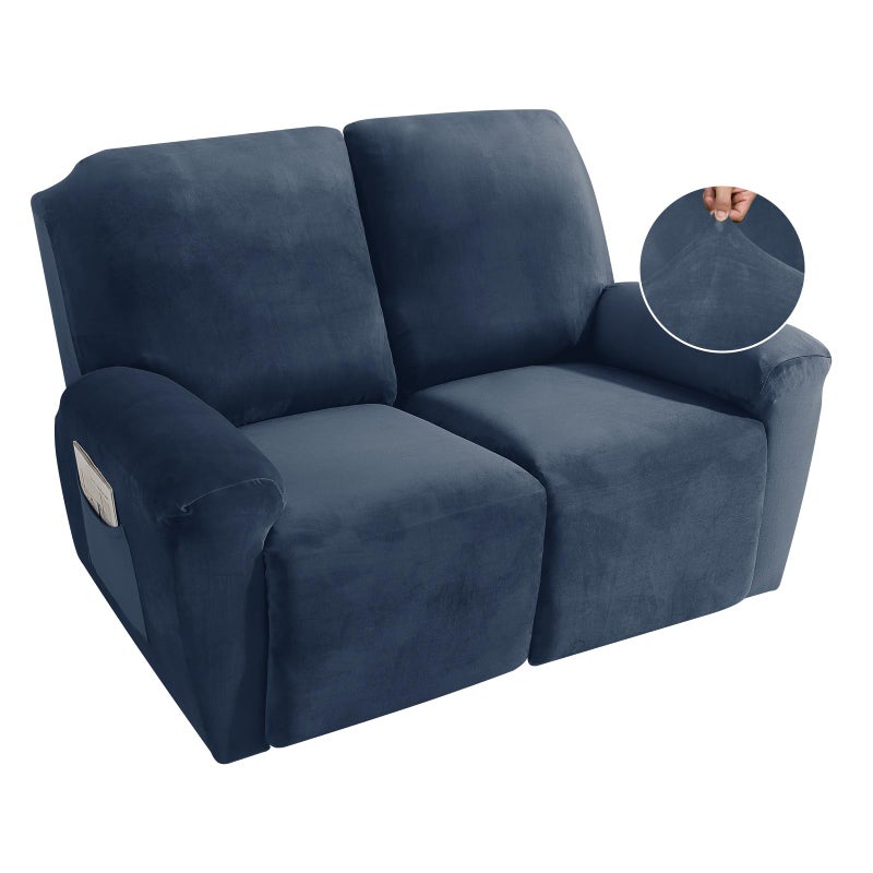 MAXIJIN Recliner Loveseat Slipcover 6 Pieces Stretch Velvet Reclining Sofa Cover 2 Seater Love Seat Recliner Couch Cover Thick Soft Washable Furniture Cover Loveseat Recliner Navy Blue