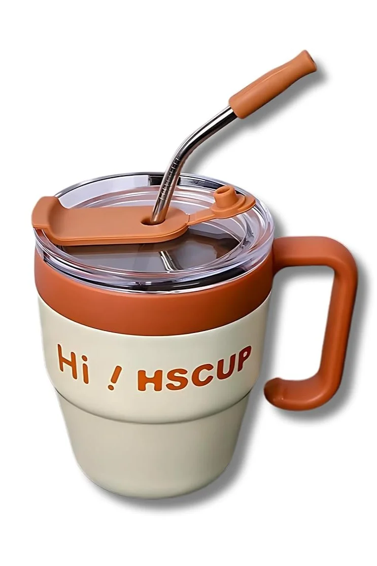 Mobcos Coffee Mug with Handle, 480ML Double-Wall Vacuum Travel Coffee Mug with Straw, Stainless Steel Insulated Tumbler Cup, Travel Coffee Cup Thermal Cup for Home and Office, Milky