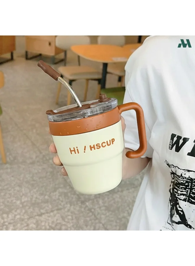 موبكوس كوب قهوة بمقبض، 450 مل، كوب سفر معزول بجدار مزدوج بتقنية التفريغ الهوائي مع شفاطة، كوب معزول من الفولاذ المقاوم للصدأ، كوب قهوة حراري للسفر، للاستخدام المنزلي والمكتبي، بني