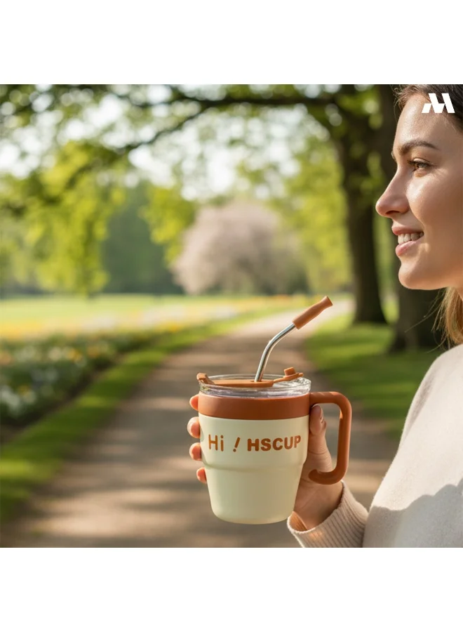 Mobcos Brown Coffee Mug 450ml Coffee Mug with Handle, 450ML Double-Wall Vacuum Travel Coffee Mug with Straw, Stainless Steel Insulated Tumbler Cup, Travel Coffee Cup Thermal Cup for Home and Office, Brown  | Best Price UAE