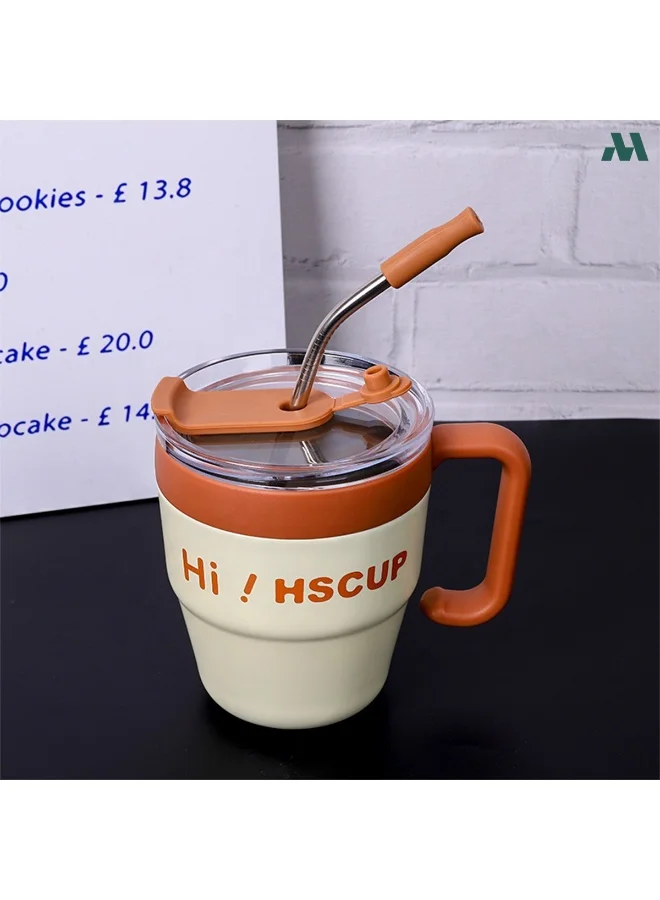 Mobcos Brown Coffee Mug 450ml Coffee Mug with Handle, 450ML Double-Wall Vacuum Travel Coffee Mug with Straw, Stainless Steel Insulated Tumbler Cup, Travel Coffee Cup Thermal Cup for Home and Office, Brown  | Best Price UAE