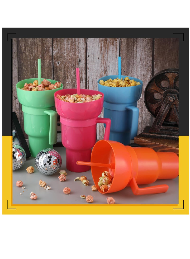 SOLARAE 4 Pcs Stadium Tumbler with Snack Bowl, 32 oz 2 in 1 Travel Cup with Snack Bowl Leak Proof Snack and Drink Cup Portable Reusable Snack Tumbler Cup with Bowl on Top and Straw, Multicolor - Image 4