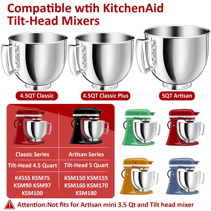 Nicdiet 5QT Stainless Steel Mixer Bowl Compatible with KitchenAid Bowls for Mixer, Artisan&Classic Series 4.5-5QT Tilt-Head Mixers, Kitchen Gadgets Mixer Bowl with Handle,Metal Bowl for Kitchen Mixing Bowl - Image 3
