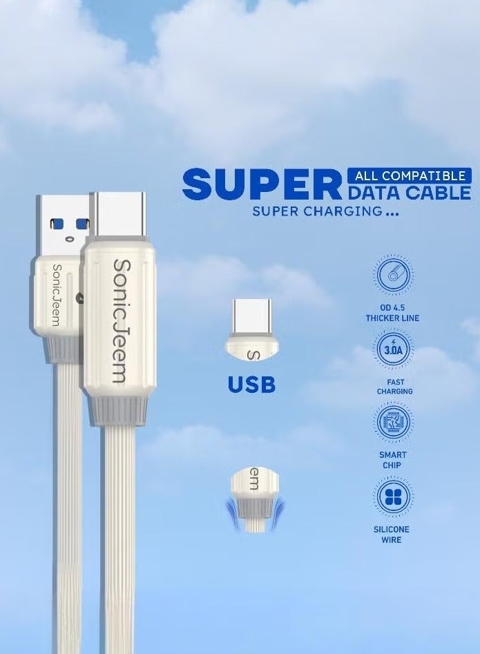 SONIC JEEM AE-Sonic Game Fast Charging 3.0A TYPE-C TO USB Cable, Tangle-Free, 1m, Supports Fast Charging, White - Image 3