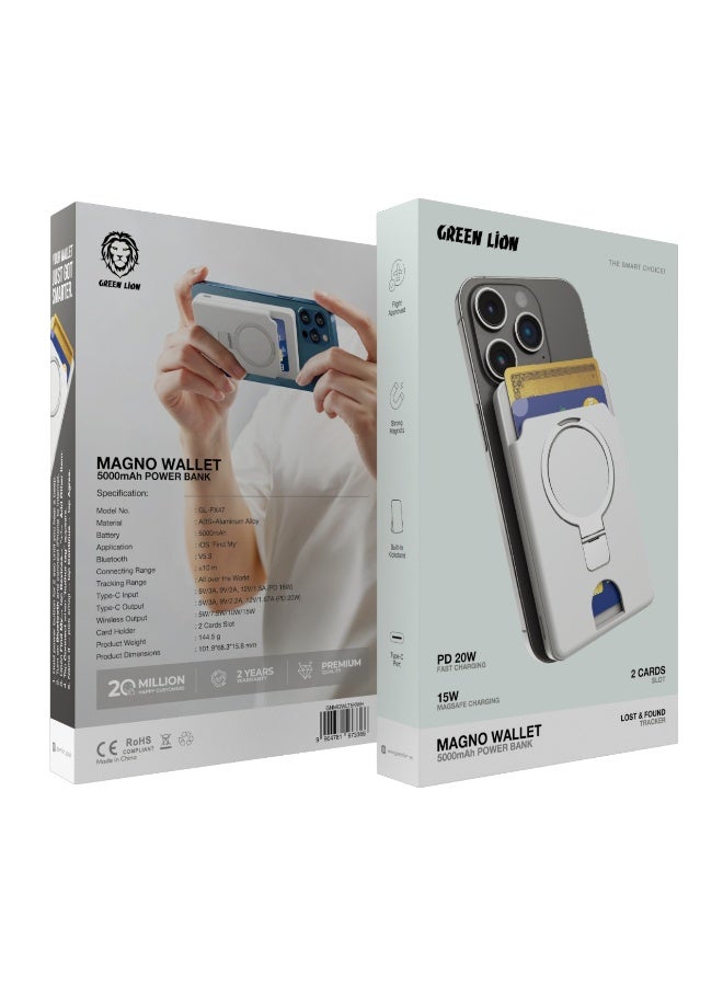 GREEN LION MAGNO Wallet PowerBank 5000mAh /Portable Charger 20W with Built-In Kickstand /Lost and Found Tracker /Compatible with App 'Find My'/2 Slot Card Holder - White - Image 4