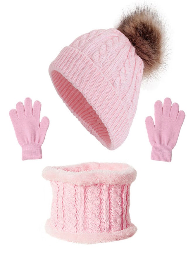 Hat Scarf Gloves Set Knitted Warm Hat Mittens Neck Warmer for Boys Girls | Pink - Image 1