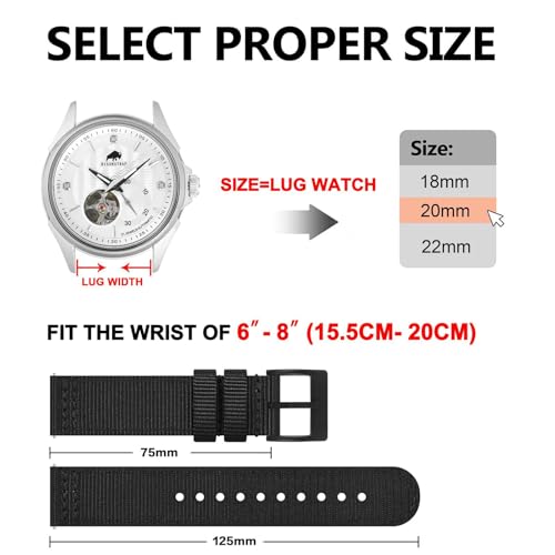 BISONSTRAP Men’s Nylon Watch Bands, Two-Piece Military Watch Straps, Quick Release, Brushed Buckle, 22mm, Black (Black Buckle) - Image 5