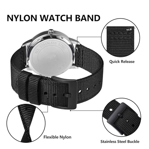 BISONSTRAP Men’s Nylon Watch Bands, Two-Piece Military Watch Straps, Quick Release, Brushed Buckle, 22mm, Black (Black Buckle) - Image 4