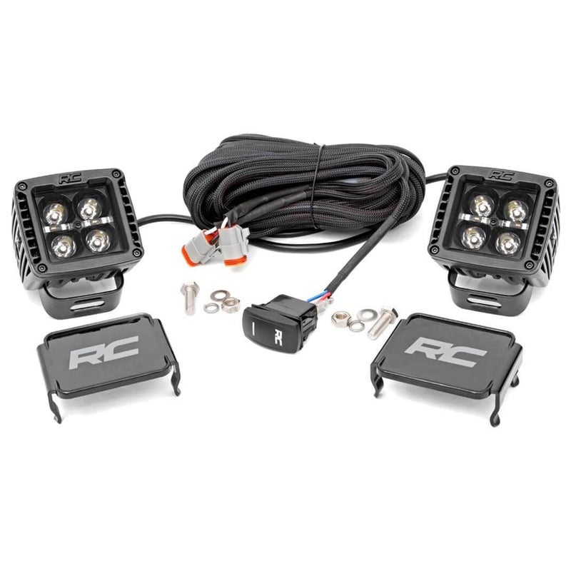 ROUGH COUNTRY Rough Country 2" LED Light Pods with Cool White DRL - (2) 2-inch Black Series Cube LED, Light Covers, Wiring Harness, Spot Lens  - Image 1