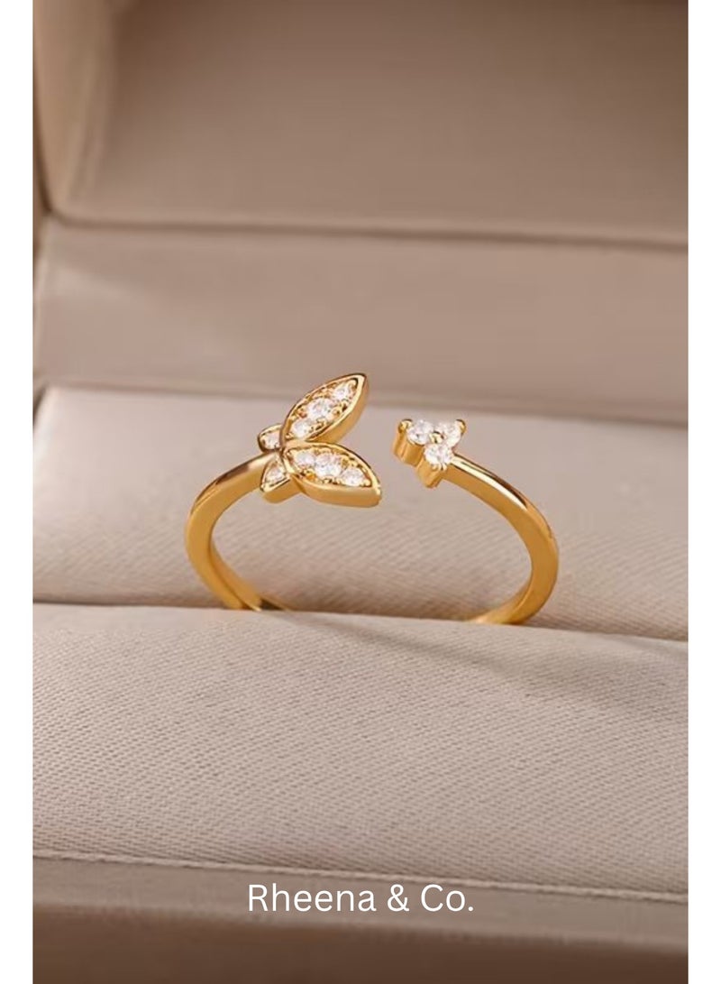 Rheena & Co. 18K Gold Plated Stainless Steel Butterfly Open Adjustable Ring, Waterproof Non Tarnish Hypoallergenic Jewelry for Women & Ladies, Bohemian Gold Fashion Ring - Image 1