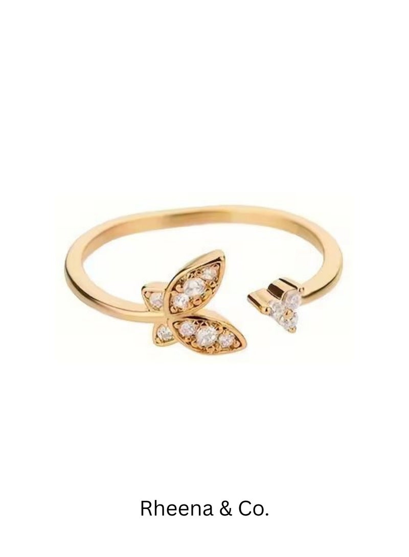 Rheena & Co. 18K Gold Plated Stainless Steel Butterfly Open Adjustable Ring, Waterproof Non Tarnish Hypoallergenic Jewelry for Women & Ladies, Bohemian Gold Fashion Ring - Image 2