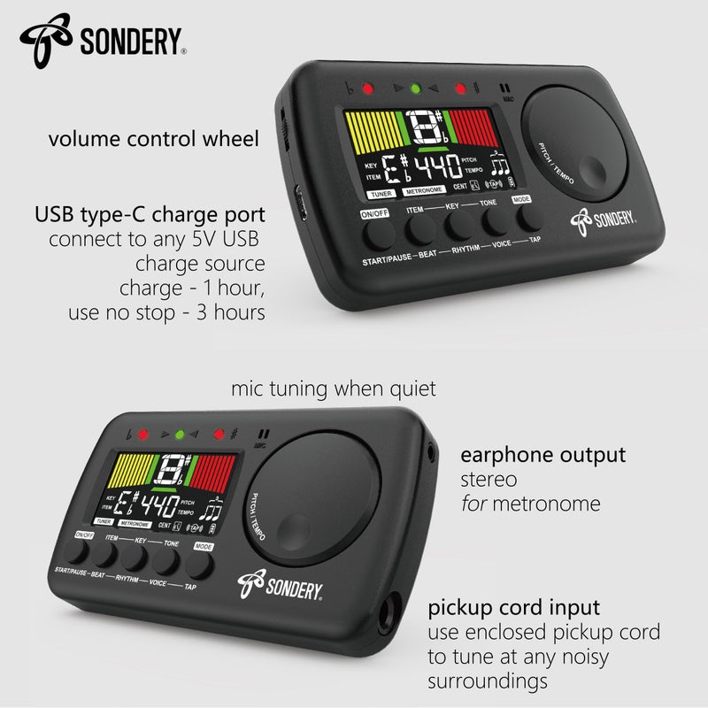 Sondery Digital Metronome Tuner 3 in 1, English Vocal Counting Metronome with Tap Tempo, Chromatic Tuner Tone Generator Rechargeable - Image 2