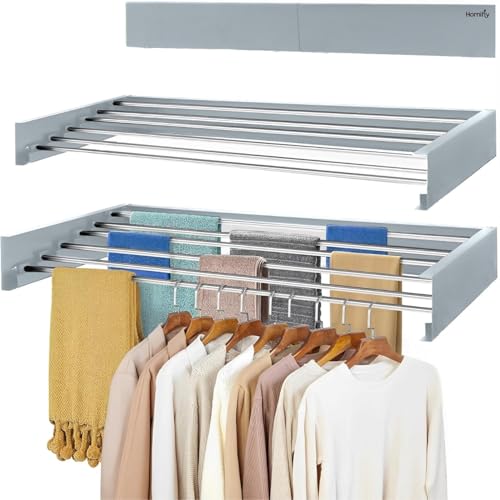 HOMIFLY Foldable Wall Mount Clothes Hanger/Cloth Drying Stand for Balcony with 5 Rods/Collapsible Clothes Drying Rack for Laundry/Space Saver/Indoor/Outdoor(Black) - Image 1