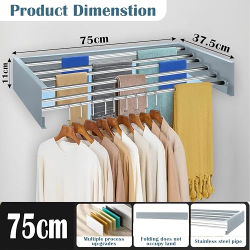 HOMIFLY Foldable Wall Mount Clothes Hanger/Cloth Drying Stand for Balcony with 5 Rods/Collapsible Clothes Drying Rack for Laundry/Space Saver/Indoor/Outdoor(Black) - Image 2