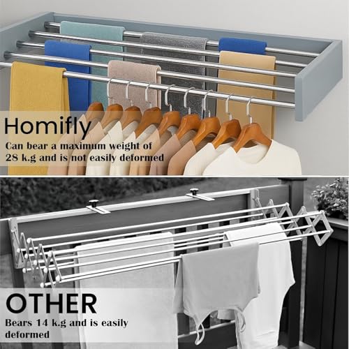HOMIFLY Foldable Wall Mount Clothes Hanger/Cloth Drying Stand for Balcony with 5 Rods/Collapsible Clothes Drying Rack for Laundry/Space Saver/Indoor/Outdoor(Black) - Image 5