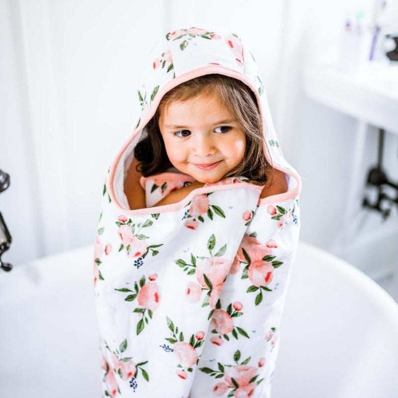 Little Unicorn Cotton Hooded Towel for Big Kids - Watercolor Roses Design - Image 5