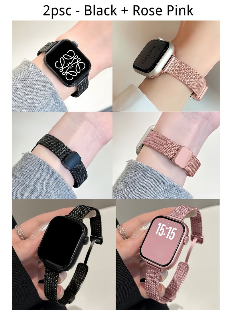 BESTPEAK 2 Pack Magnetic Metal Bands Compatible with Apple Watch Band 38mm 40mm 41mm , Adjustable Magnetic Metal Strap Thin Waterproof Wristbands Compatible with iWatch Apple Watch Series11 10 8 7 6 5 4 3 2 1（41/40/38/42mm（Series 11/10）2pcs-Black + Rose Pink - Image 1