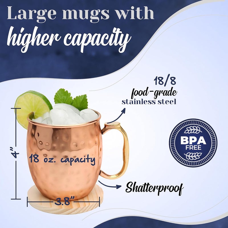 Kitchen Science Moscow Mule Mugs Set of 4| Food Safe | High Grade Stainless Steel Mugs with Pure Copper Plating | Brass Handles with Thumb Rest |19 Oz | Large Size - Image 4