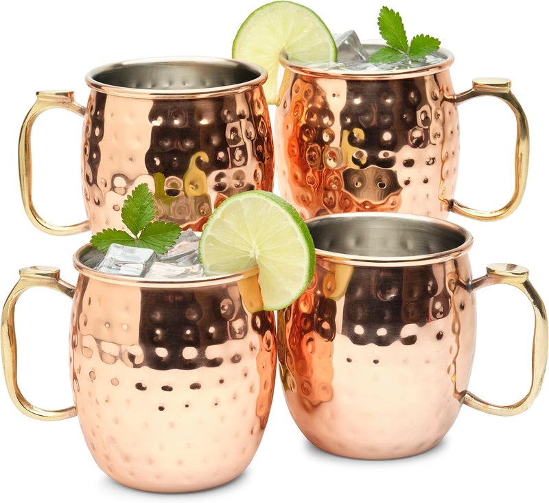 Kitchen Science Moscow Mule Mugs Set of 4| Food Safe | High Grade Stainless Steel Mugs with Pure Copper Plating | Brass Handles with Thumb Rest |19 Oz | Large Size - Image 1