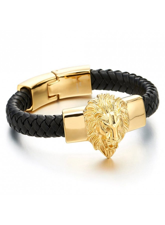 Coolsteelandbeyond Mens Large Braided Leather Bracelet With Steel Gold Color Lion And Black Genuine Leather Straps - Image 1
