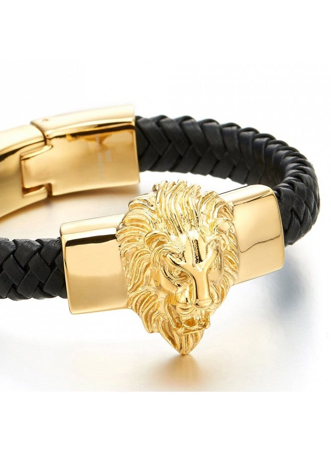 Coolsteelandbeyond Mens Large Braided Leather Bracelet With Steel Gold Color Lion And Black Genuine Leather Straps - Image 2