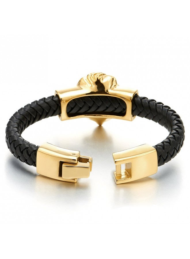 Coolsteelandbeyond Mens Large Braided Leather Bracelet With Steel Gold Color Lion And Black Genuine Leather Straps - Image 4