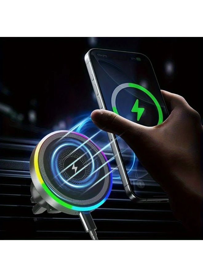 حامل هاتف شحن لاسلكي مغناطيسي للسيارة أسود مع أضواء RGB مثبت على فتحة التهوية - Image 4